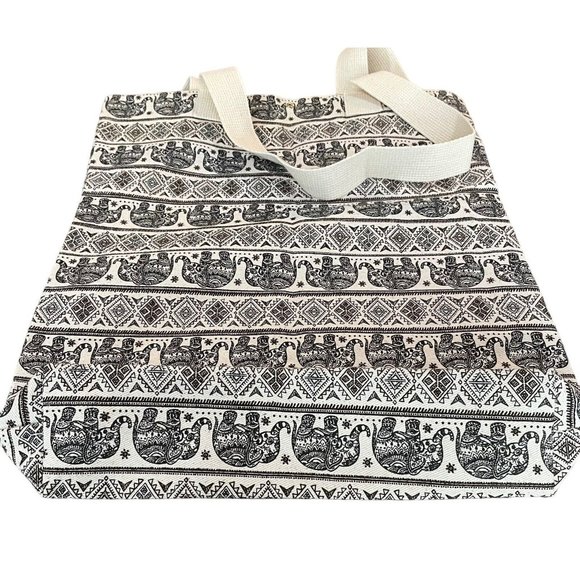 Unbranded Canvas Tote Elephant Pattern Black Off White 17.5" x 15.5" Handmade - Picture 6 of 13